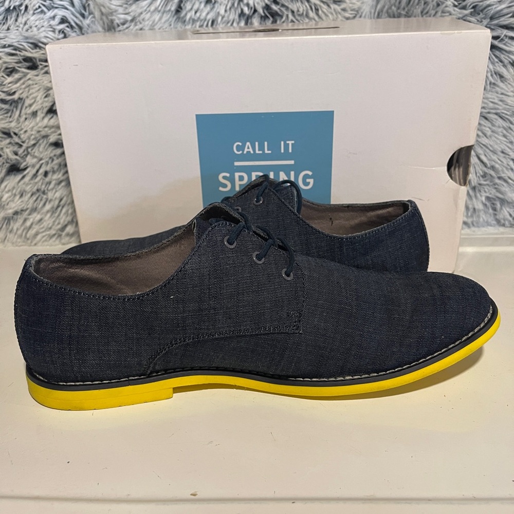 Call It Spring Men's Dark Blue Denim Oxfords With Bright Yellow Soles